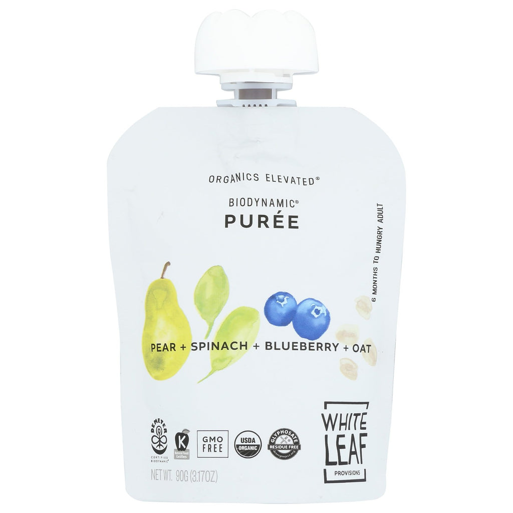 White Leaf Baby Food Puree, a premium imported mix of pear, spinach, blueberry, and oat, available at Curat Cart.