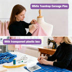 Elegant white teardrop corsage pins in a transparent plastic box, 100% Authentic, available in India at Curat Cart.
