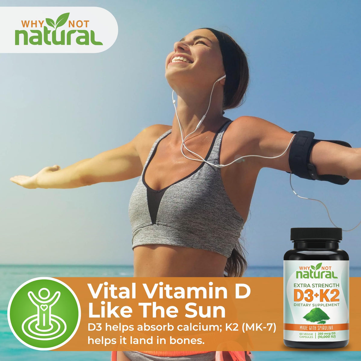 Why Not Natural Vitamin D3 K2 in official packaging promotes calcium absorption and bone health. Available at Curat Cart.