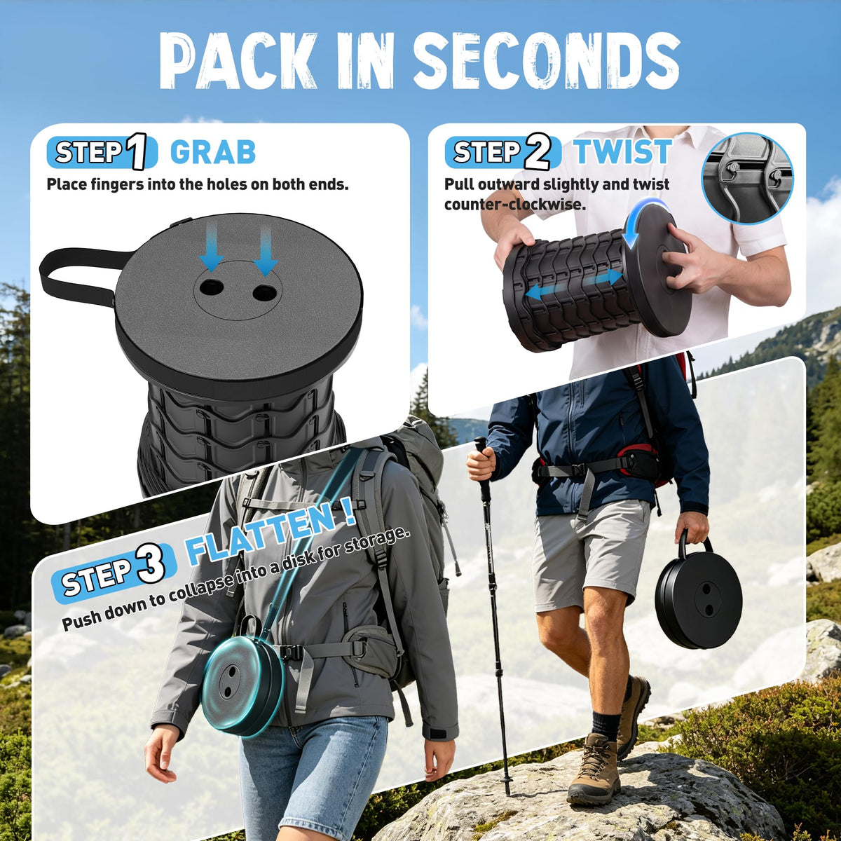WildFinder Collapsible Camping Stool packing instructions. 100% Authentic, available at Curat Cart in India.
