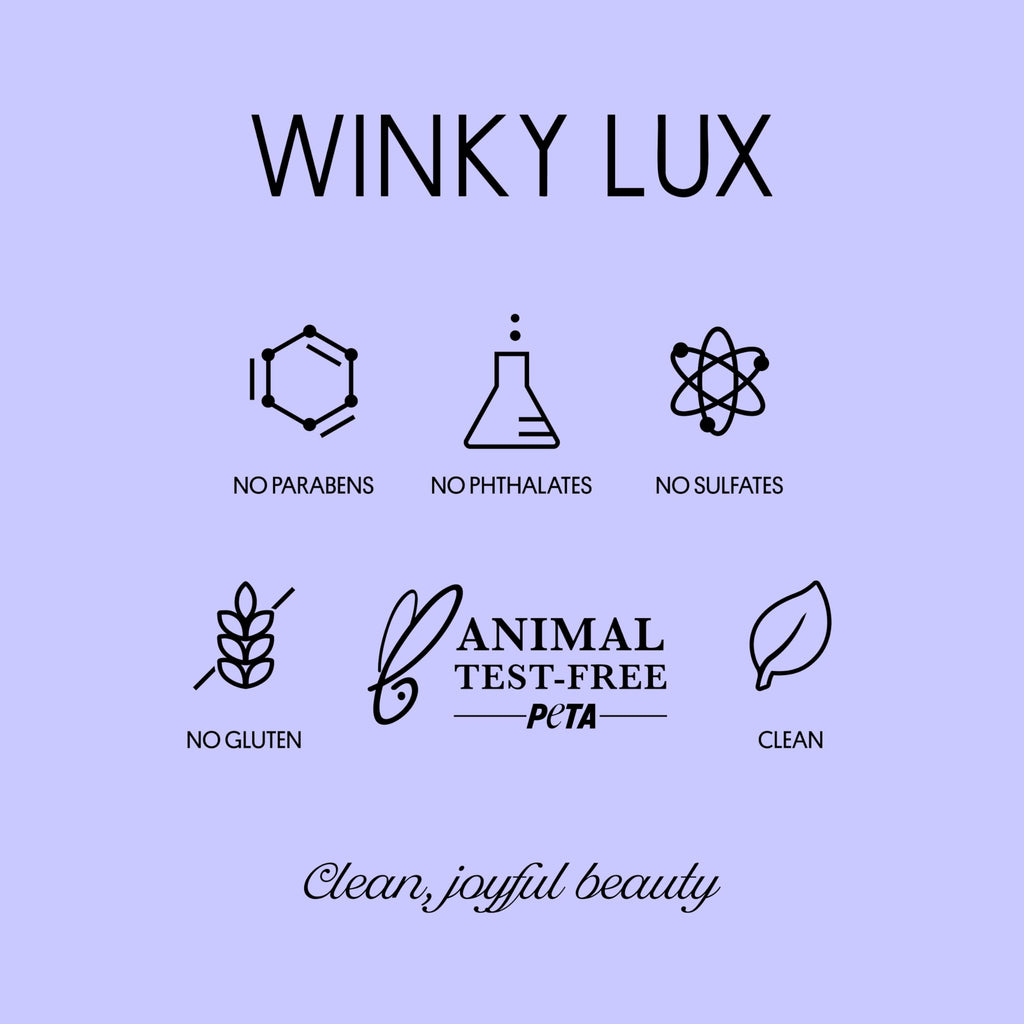 WINKY LUX Uni-Brow Eyebrow Pencil packaging featuring clean beauty icons and PETA-approved cruelty-free label.