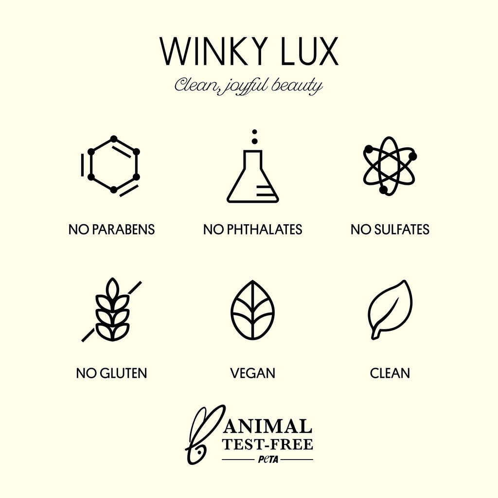 Winky Lux Uni-Brow Eyebrow Pencil packaging highlights clean beauty features. Vegan, gluten-free, and PETA certified.