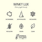 Winky Lux Uni-Brow Eyebrow Pencil packaging highlights clean beauty features. Vegan, gluten-free, and PETA certified.