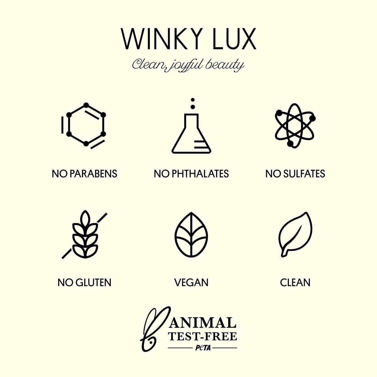 Winky Lux Uni-Brow Eyebrow Pencil packaging highlights clean beauty features. Vegan, gluten-free, and PETA certified.