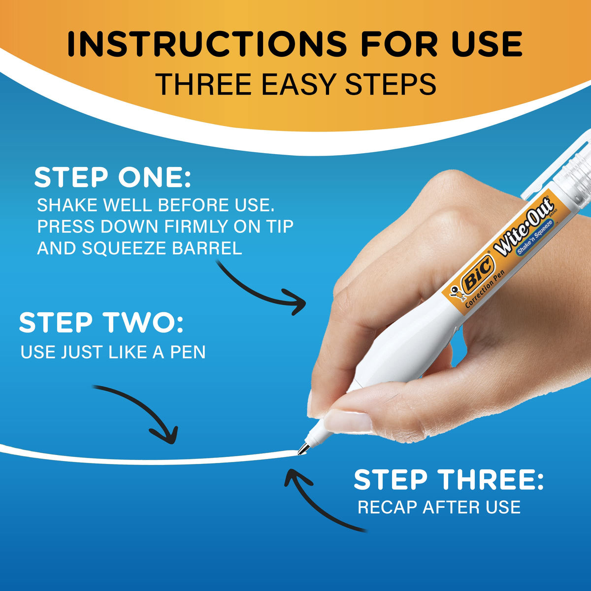Wite.Out Shake n Squeeze Pens with step-by-step usage instructions. 100% Authentic, available at Curat Cart in India.