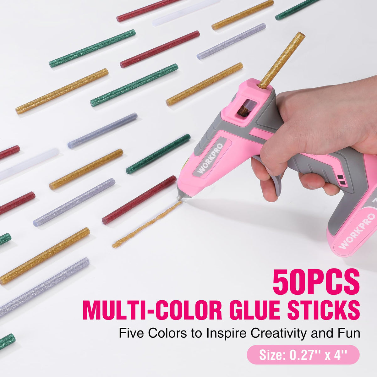 Discover the WORKPRO Cordless Hot Glue Gun with 50 multi-color glue sticks, specially curated by Curat Cart for your creative projects.