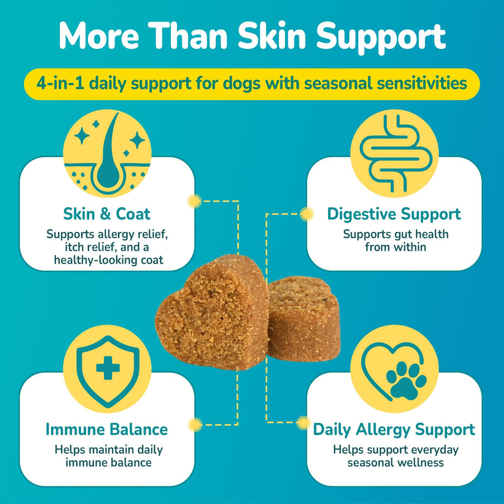 Woyamay Dog Allergy Chews in high-quality packaging, offering 4-in-1 support for dogs with seasonal sensitivities. Available at Curat Cart.