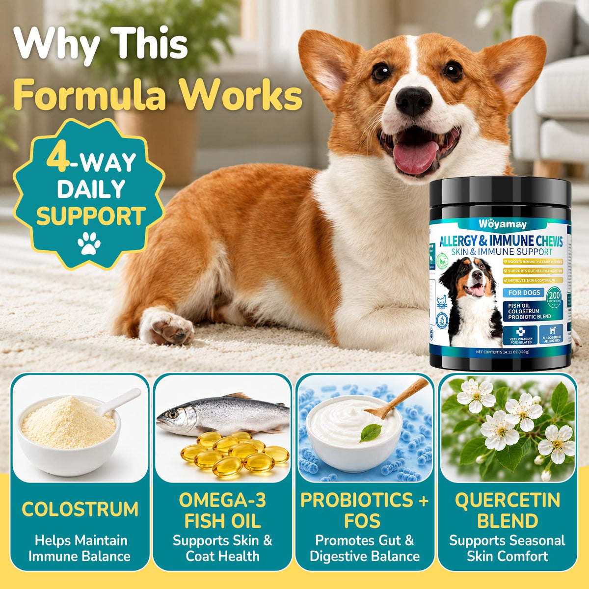 Woyamay Dog Allergy Chews support skin and immune health, perfect for daily use. Available at Curat Cart.