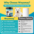 Woyamay Dog Allergy Chews offer premium imported daily support for dogs, available at Curat Cart. Enjoy 200 chews in a value pack.