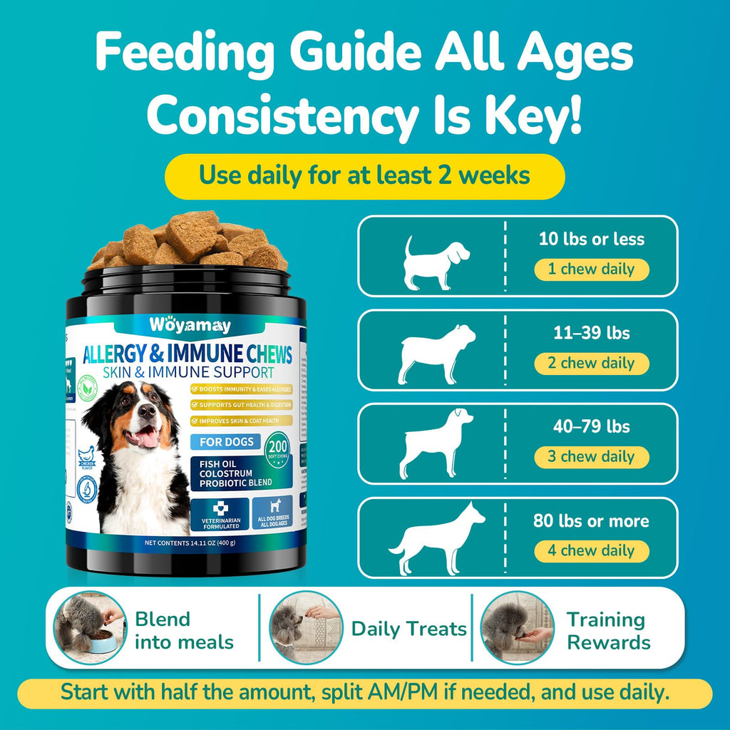 Woyamay Dog Allergy Chews provide skin and immune support, 100% authentic and available at Curat Cart in India. Trustworthy pet solution.