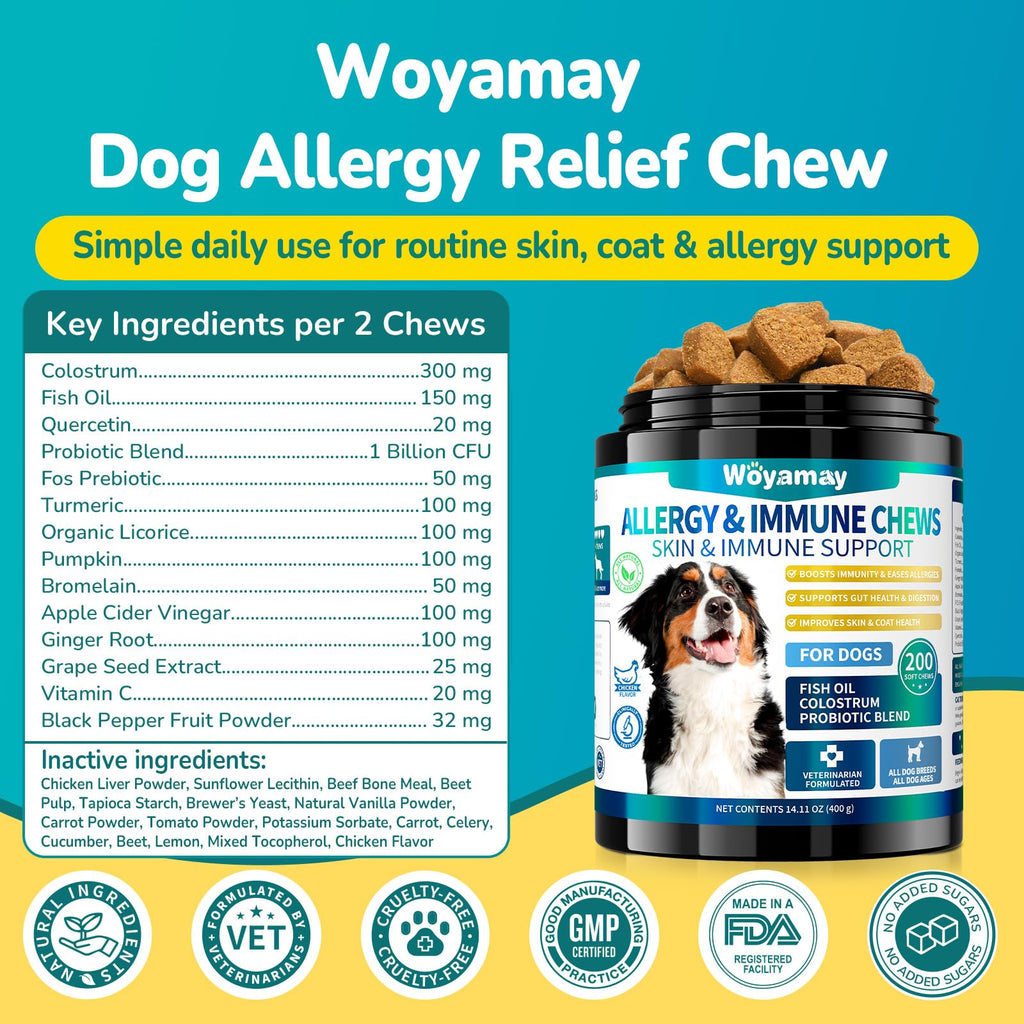 Woyamay Dog Allergy Chews from Curat Cart offer premium skin and coat support, specially curated for your dog's health and wellness.