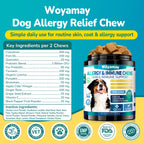 Woyamay Dog Allergy Chews from Curat Cart offer premium skin and coat support, specially curated for your dog's health and wellness.