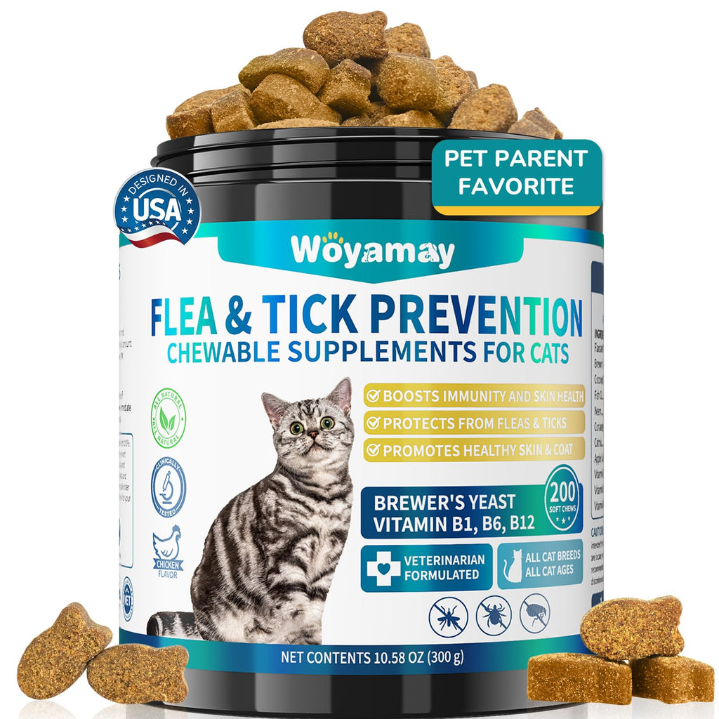 Woyamay Flea and Tick Prevention offers premium imported chewable supplements for cats, boosting immunity and protecting against fleas. Available at Curat Cart.