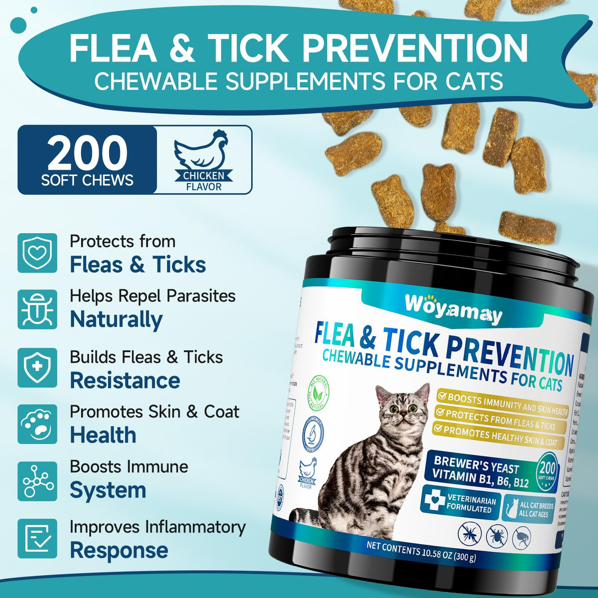 Woyamay Flea and Tick Prevention offers 200 soft chews for cats, ensuring 100% authentic protection against pests. Available at Curat Cart.