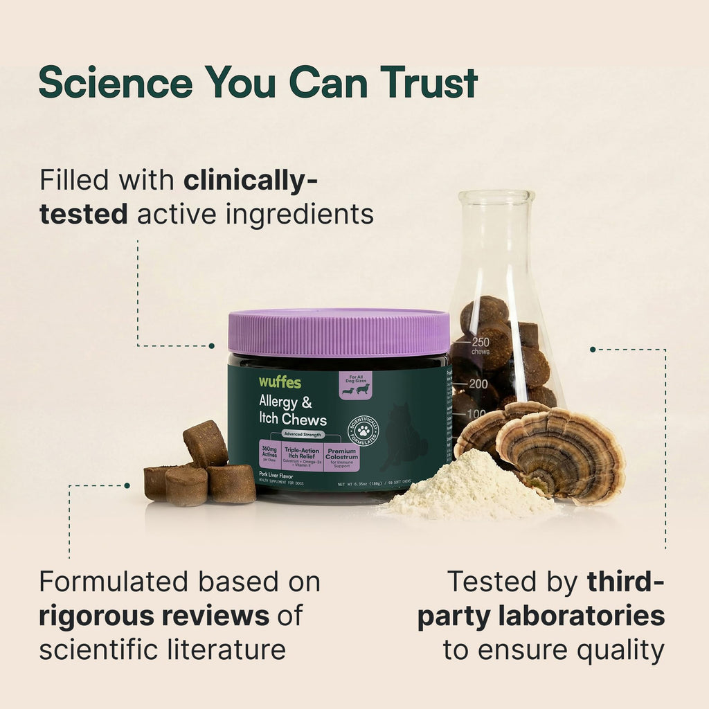 Wuffes Dog Allergy Chews are clinically-tested and formulated for daily use, available at Curat Cart to enhance your pet's wellness.