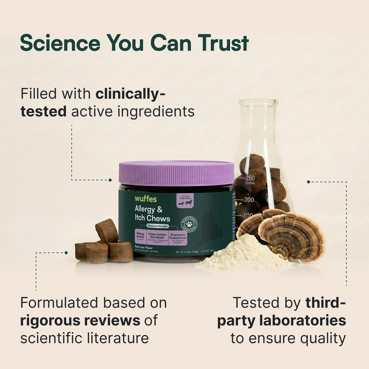 Wuffes Dog Allergy Chews are clinically-tested and formulated for daily use, available at Curat Cart to enhance your pet's wellness.