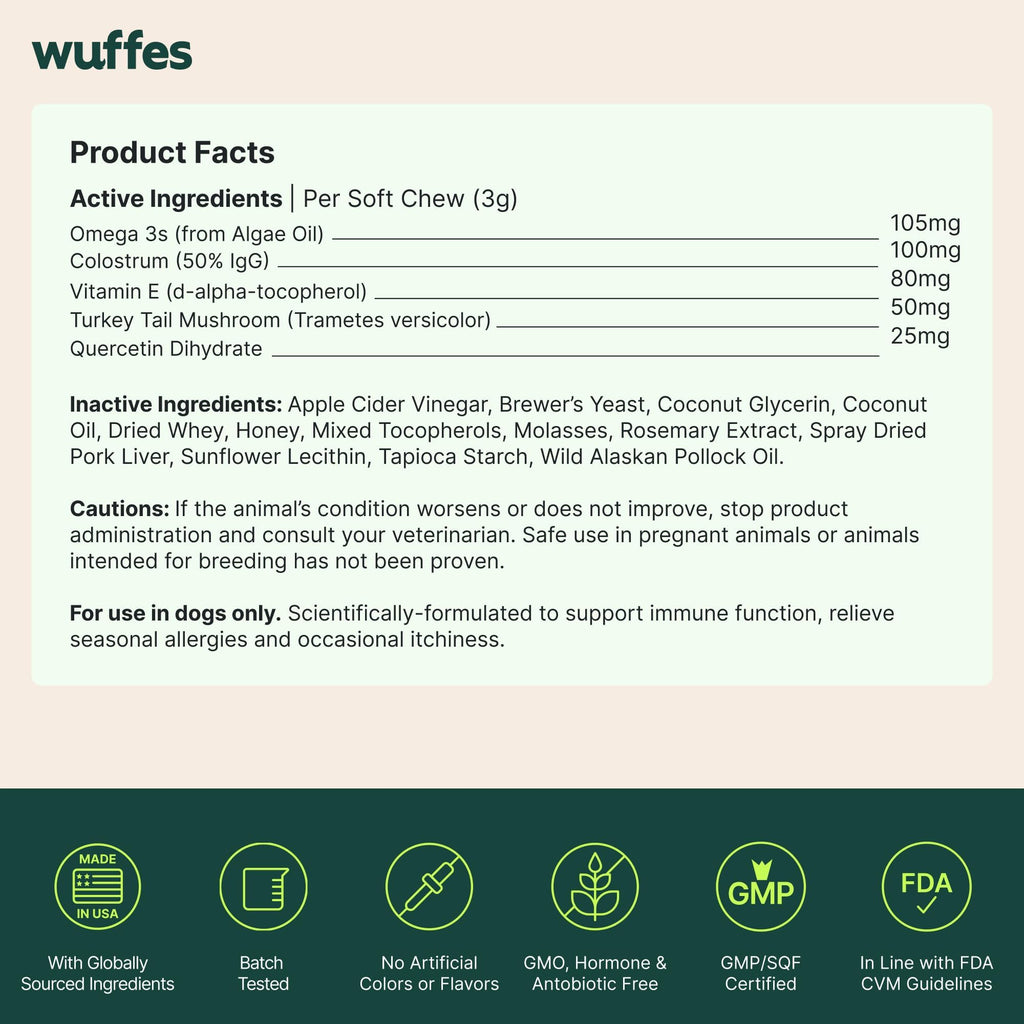 Wuffes Dog Allergy Chews in high-quality packaging, ideal for relieving allergies in dogs. Available at Curat Cart.