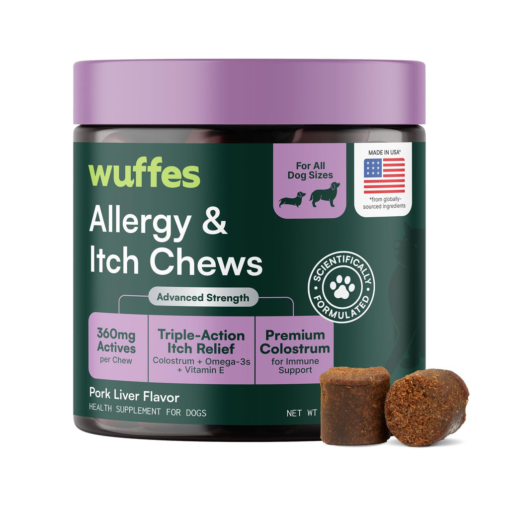 Wuffes Dog Allergy Chews provide triple-action itch relief, premium imported formula for all dog sizes, available at Curat Cart.