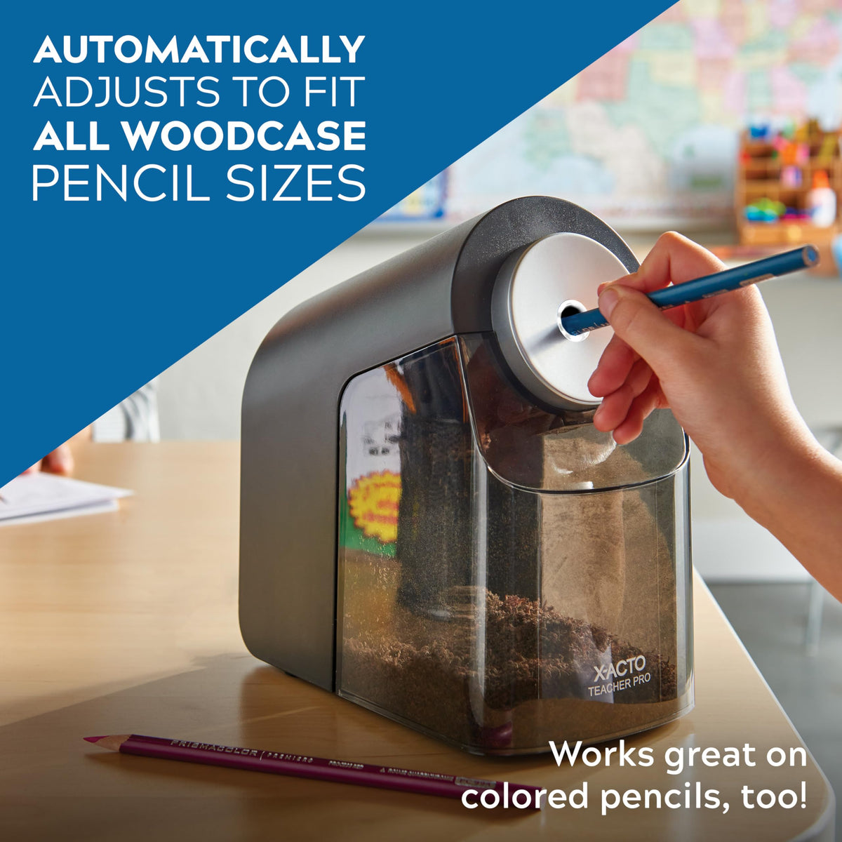 X-ACTO Electric Pencil Sharpener, automatically adjusts for all woodcase pencil sizes. Specially curated by Curat Cart.