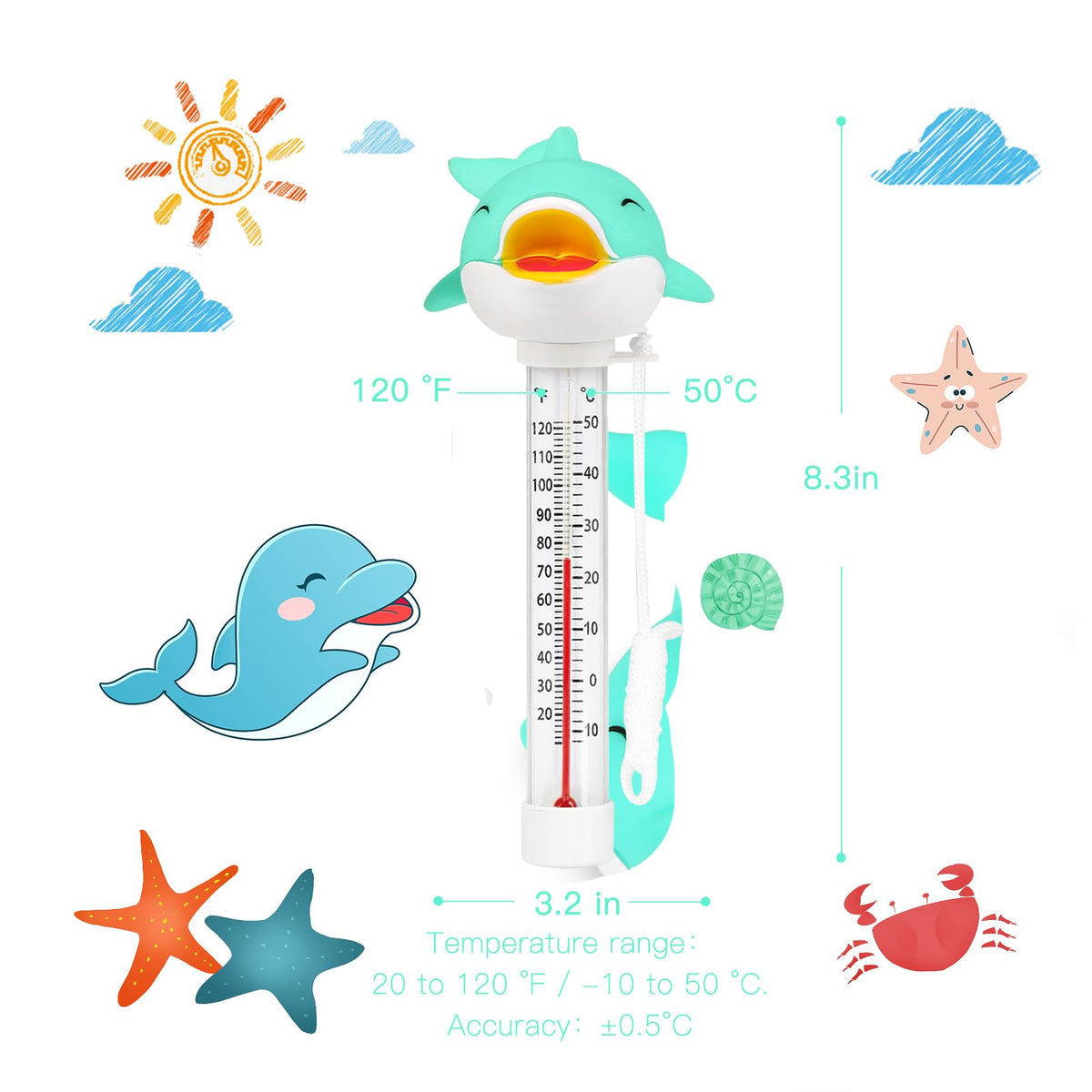 Dolphin Floating Pool Thermometer with high-quality finish, measures 20 to 120°F. Available at Curat Cart for accurate readings.