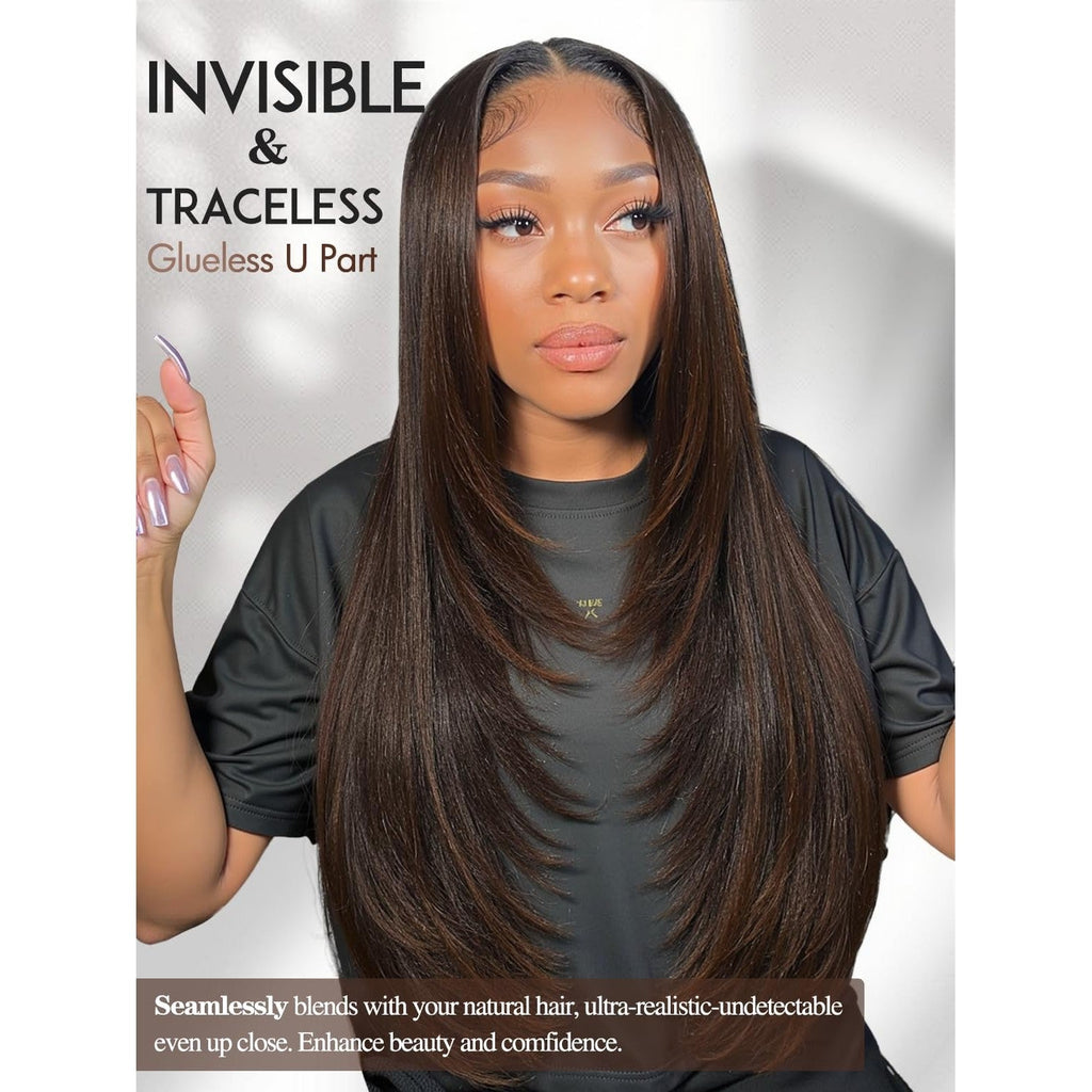 100% authentic Yaki Straight layered U Part wig that blends seamlessly with your natural hair for a realistic look.