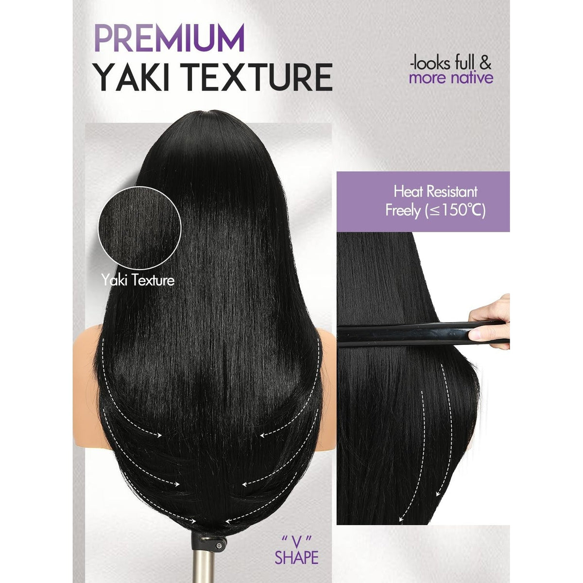 Authentic Yaki Straight Layered U Part Wig with heat-resistant fibers, offers a natural look and feel, styled in a V shape.