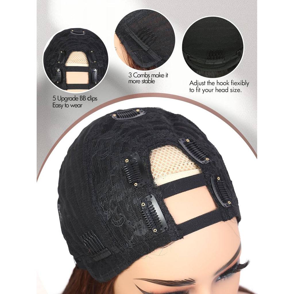 Premium imported Yaki Straight Layered U Part Wig featuring adjustable clips for stability and ease of wear.