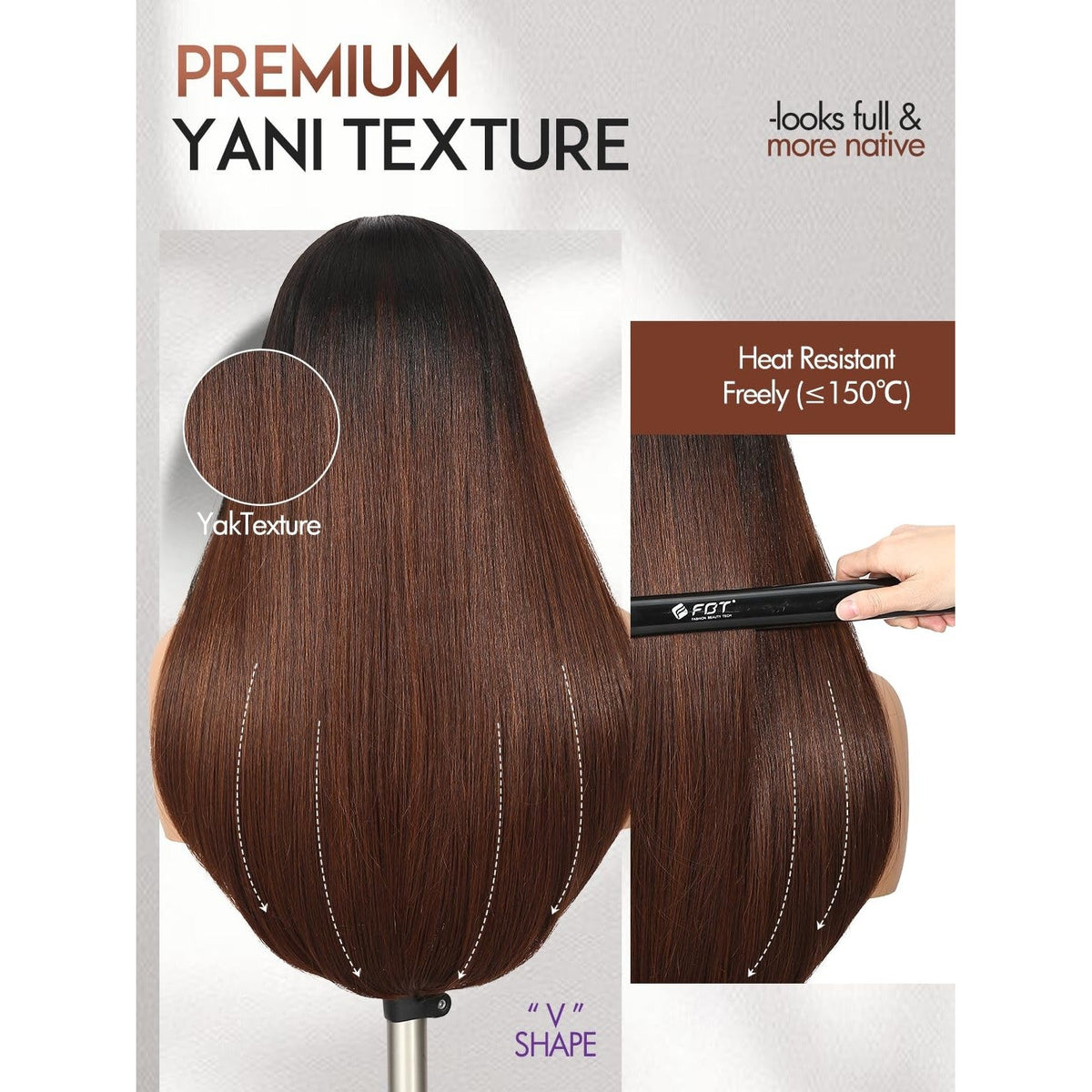 Explore our authentic Yaki Straight Layered U Part Wig with heat-resistant fibers, offering a natural look and feel.