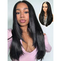 100% authentic Yaki Straight layered U Part wig showcased by a model. Sleek, natural look perfect for everyday styling.