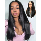 100% authentic Yaki Straight layered U Part wig showcased by a model. Sleek, natural look perfect for everyday styling.