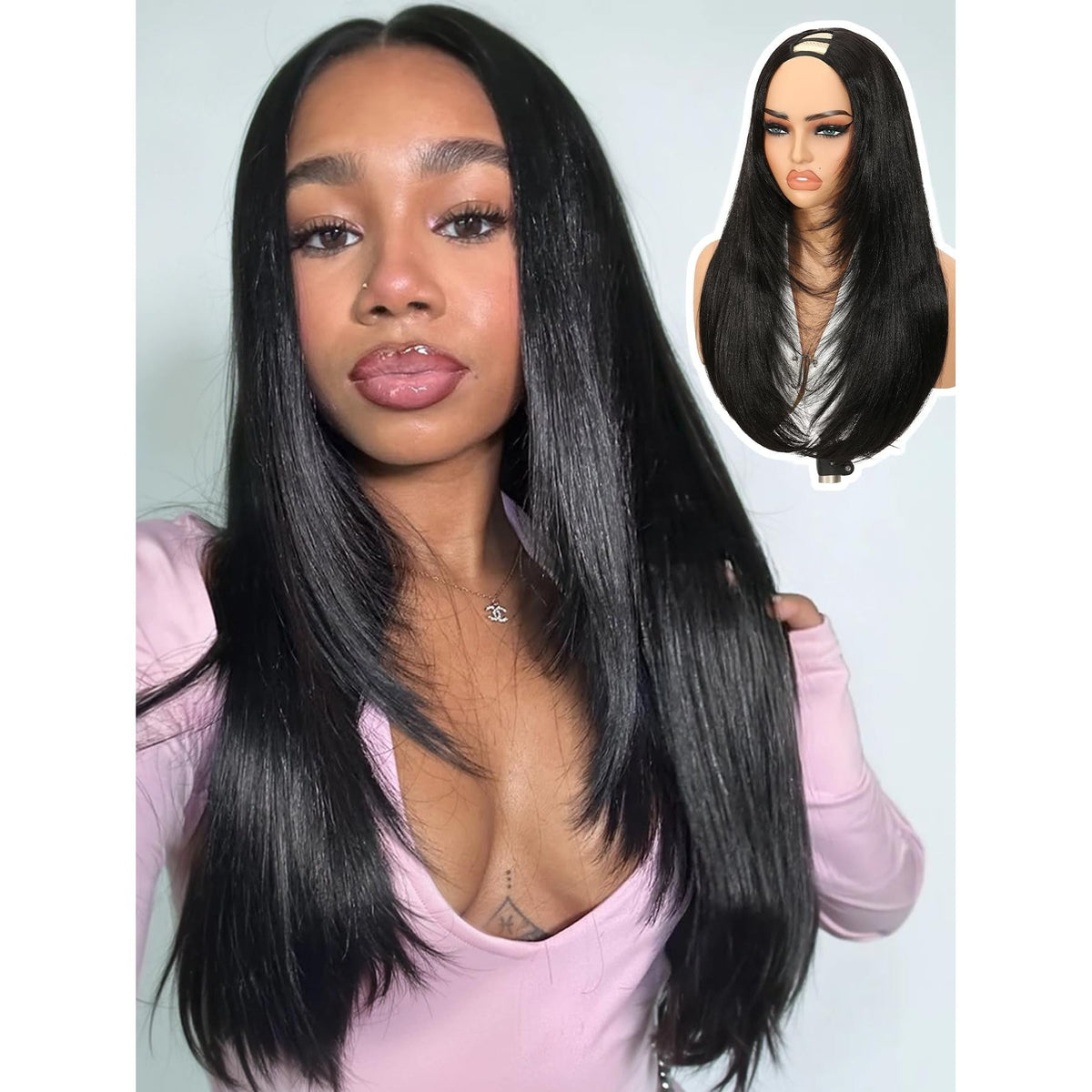 100% authentic Yaki Straight layered U Part wig showcased by a model. Sleek, natural look perfect for everyday styling.