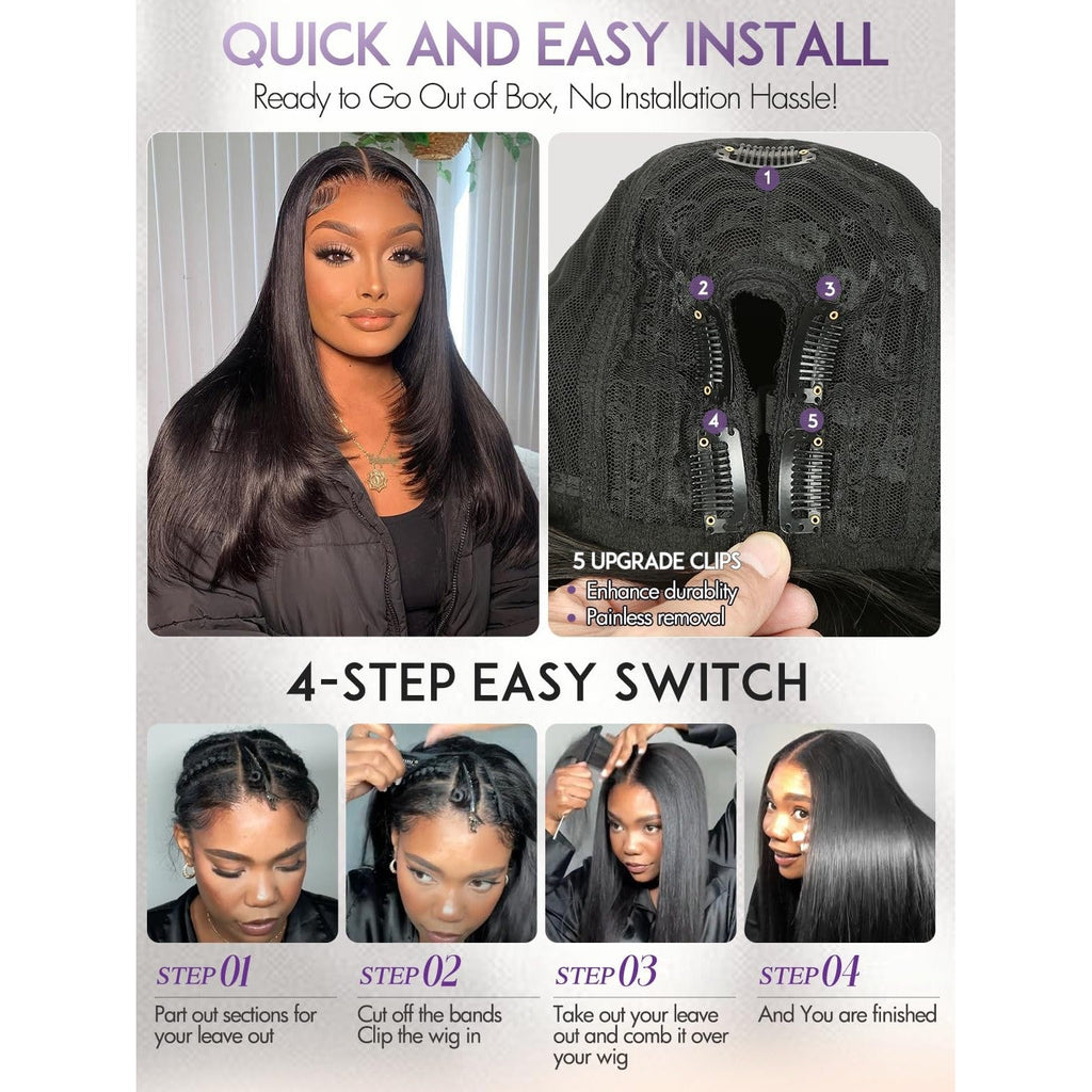 Effortless Yaki Straight U Part wig, featuring easy clip installation and step-by-step guide for a flawless look.
