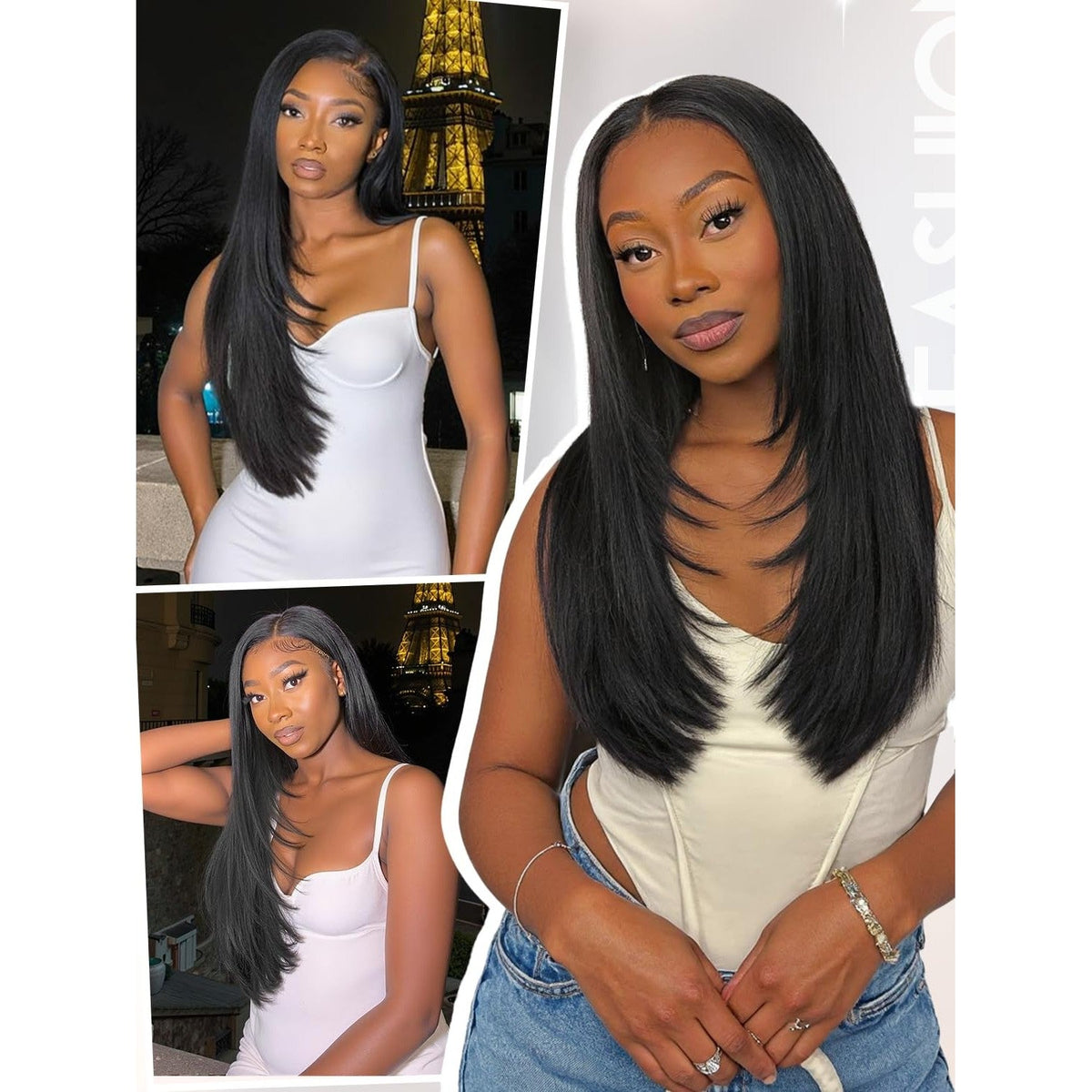 Premium imported Yaki Straight Layered U Part Wig showcases sleek, natural look with multiple styling options, ideal for versatile fashion.