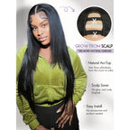 Yaki straight layered U part wig in natural black, showcasing an easy install, with a scalp-saving design and realistic hairline.
