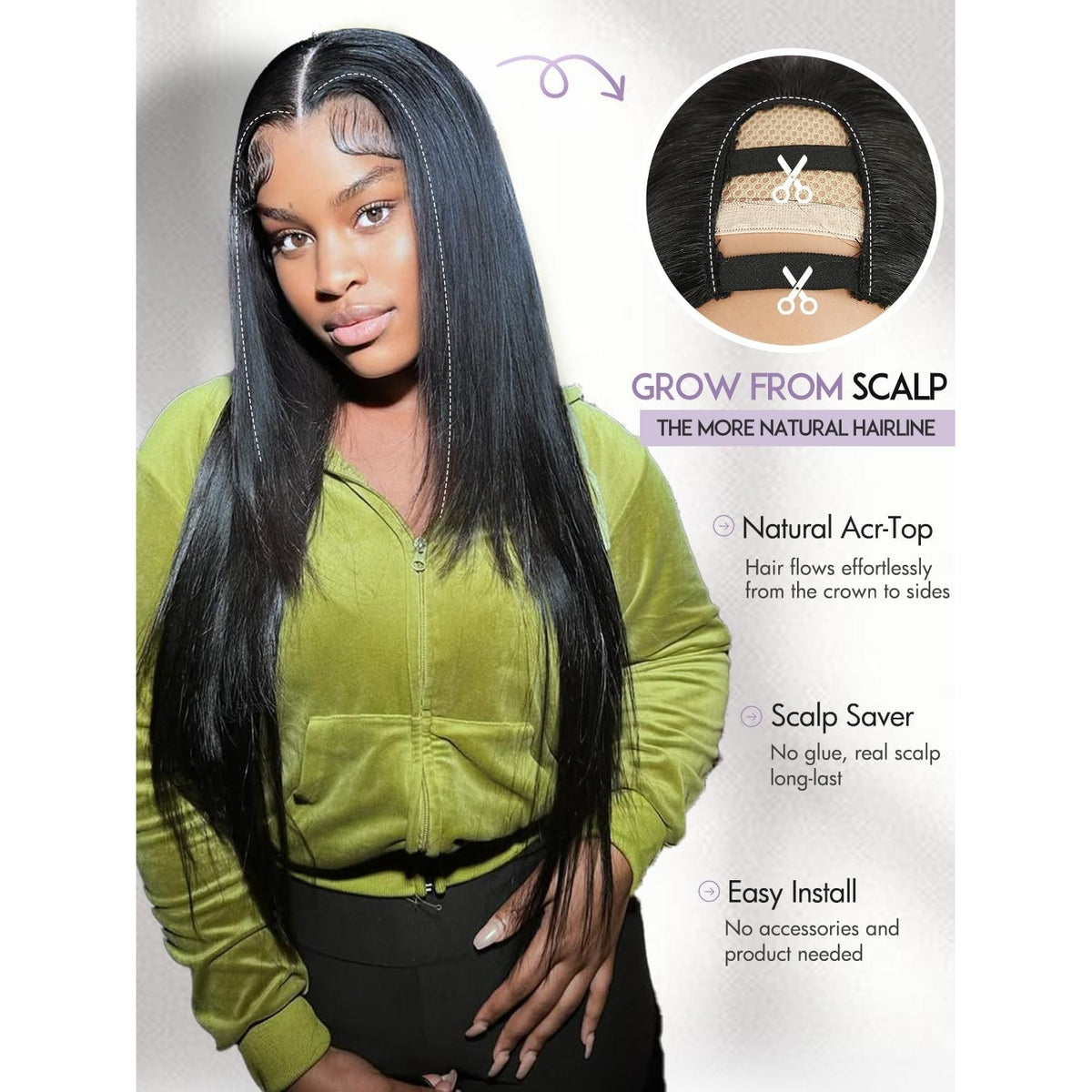 Yaki straight layered U part wig in natural black, showcasing an easy install, with a scalp-saving design and realistic hairline.