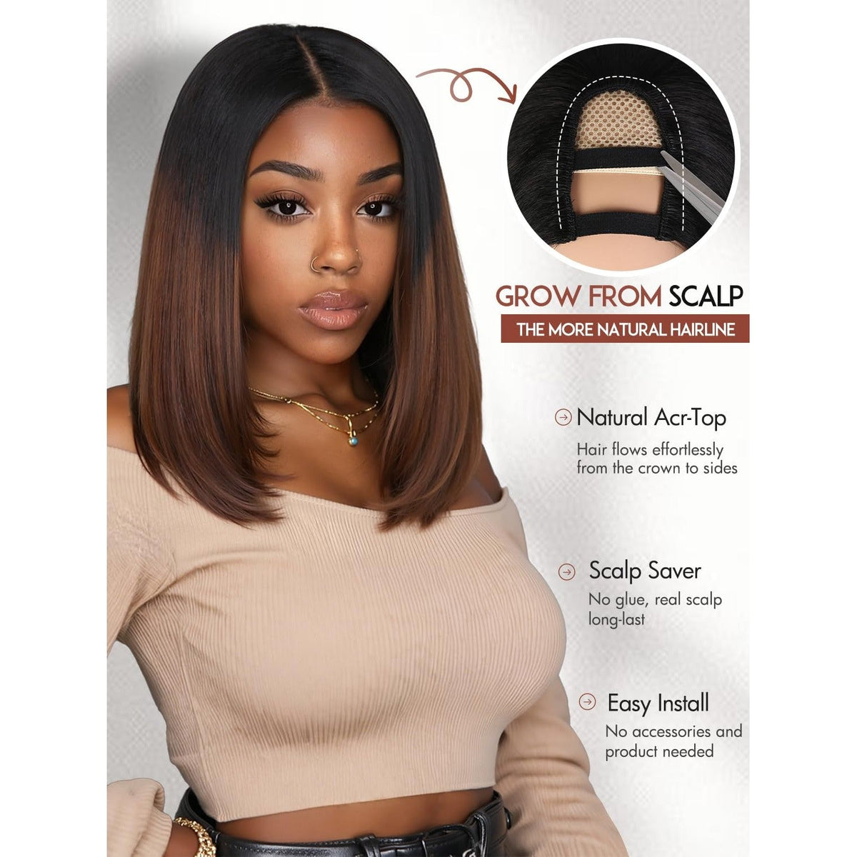 100% genuine Yaki straight layered U part wig, designed for a natural look with easy installation and no glue required.