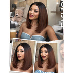 Beautiful model showcasing Yaki Straight Layered U Part Wig, featuring a rich brown color and sleek, straight layers.