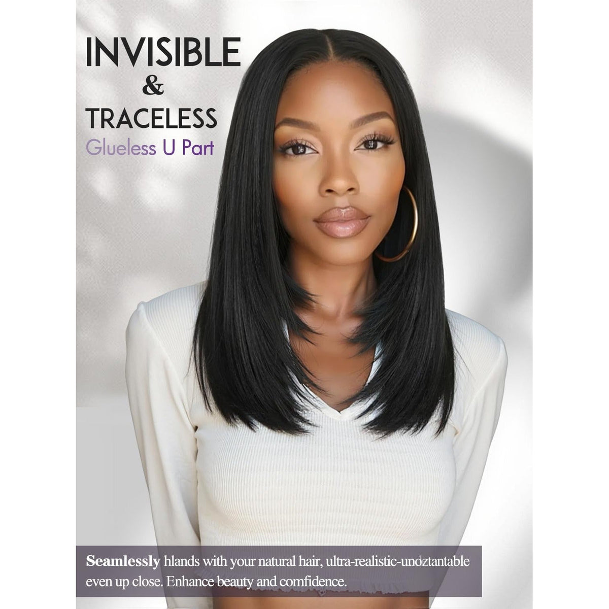Glueless U Part wig with a natural look, seamlessly blends with hair. Features layered yaki straight texture for effortless beauty.