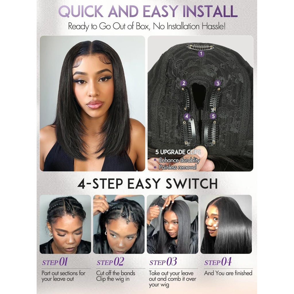 Authentic Yaki Straight Layered U Part Wig; ready to wear with an effortless 4-step install for a natural look.