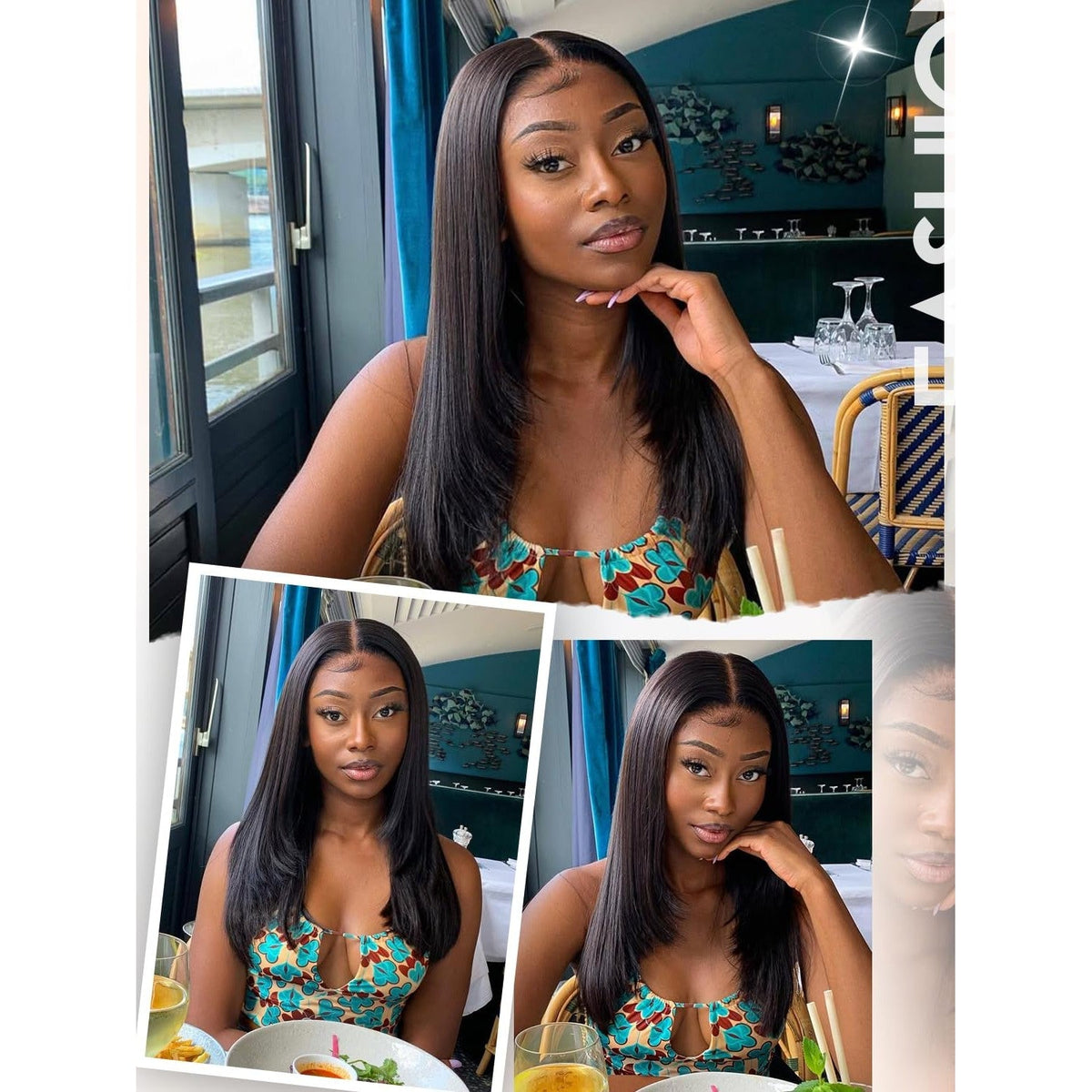 Premium imported Yaki straight layered U Part wig, styled elegantly on a model showcasing its natural look and versatility.