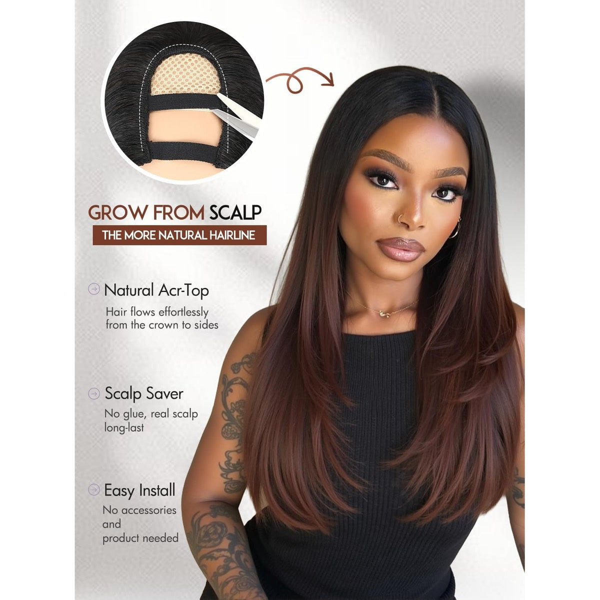 Premium imported Yaki Straight Layered U Part Wig featuring a natural look, easy install, and no glue needed for a seamless blend.