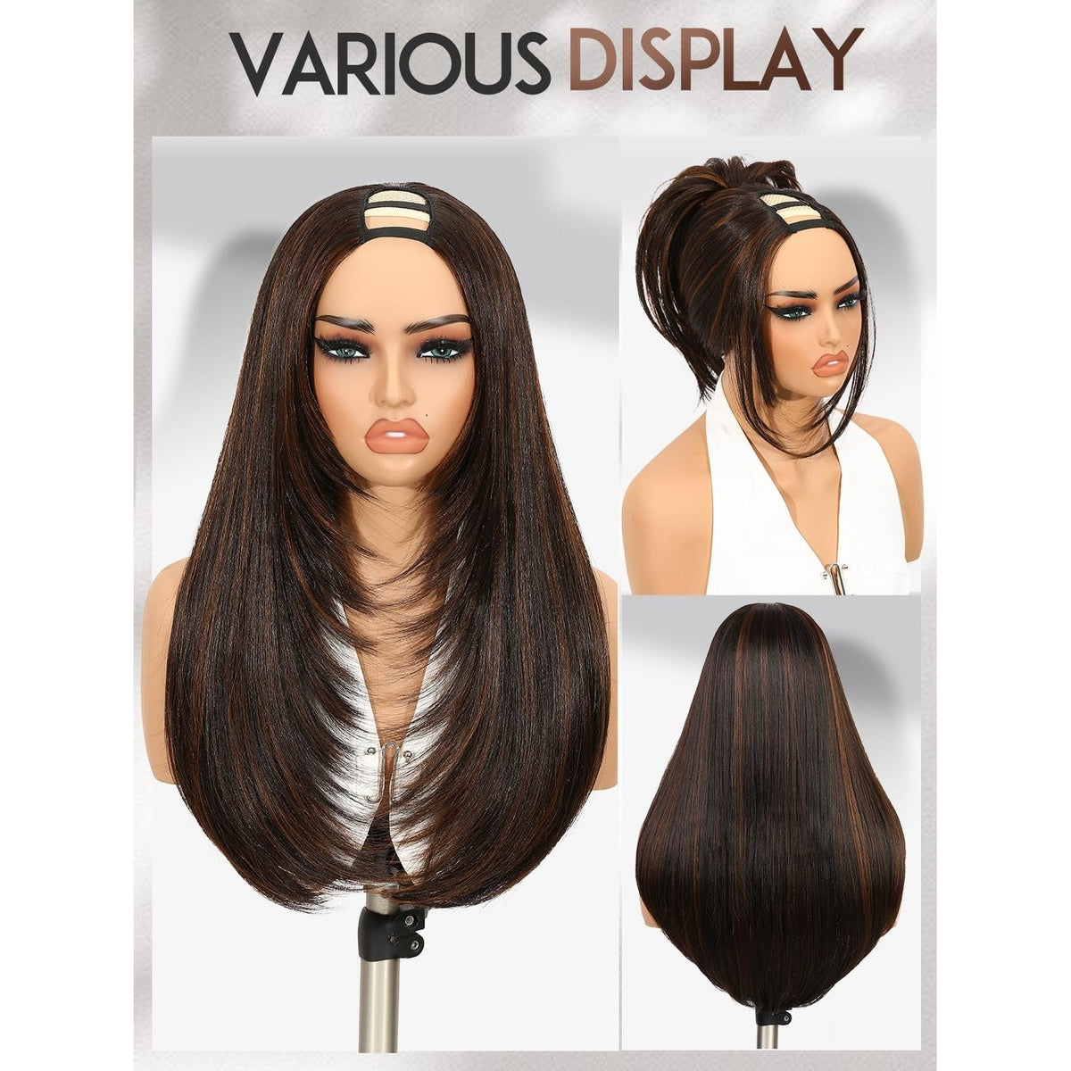 Showcasing a Yaki straight layered U Part wig in various styles, featuring realistic texture and versatility for chic looks.