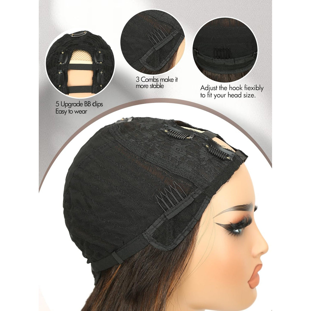 Durable Yaki Straight U Part wig with layered style. Features adjustable clips for secure fit and ease of use.