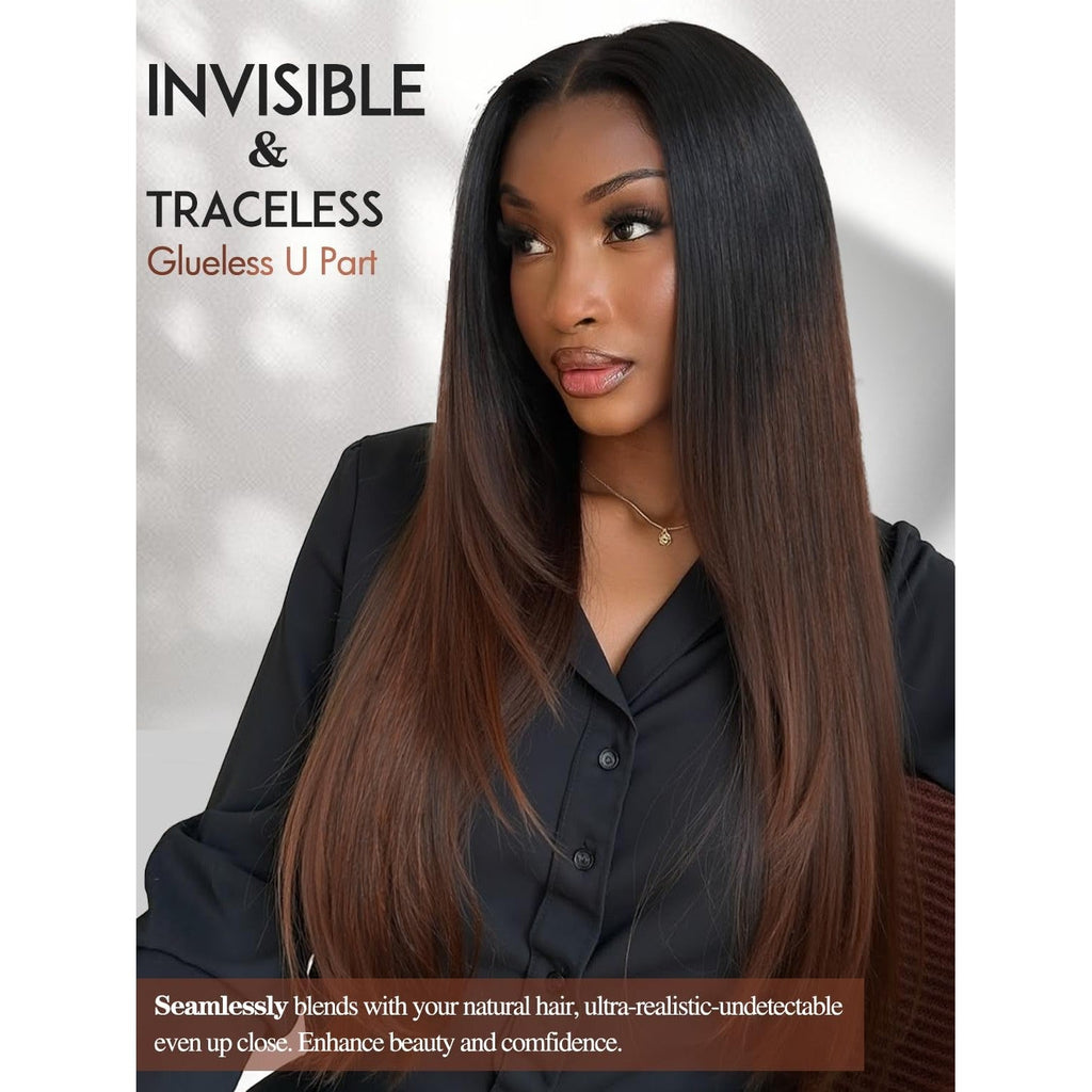 Seamless, glueless Yaki straight U Part wig blends with natural hair, available online for a beautiful confidence boost.