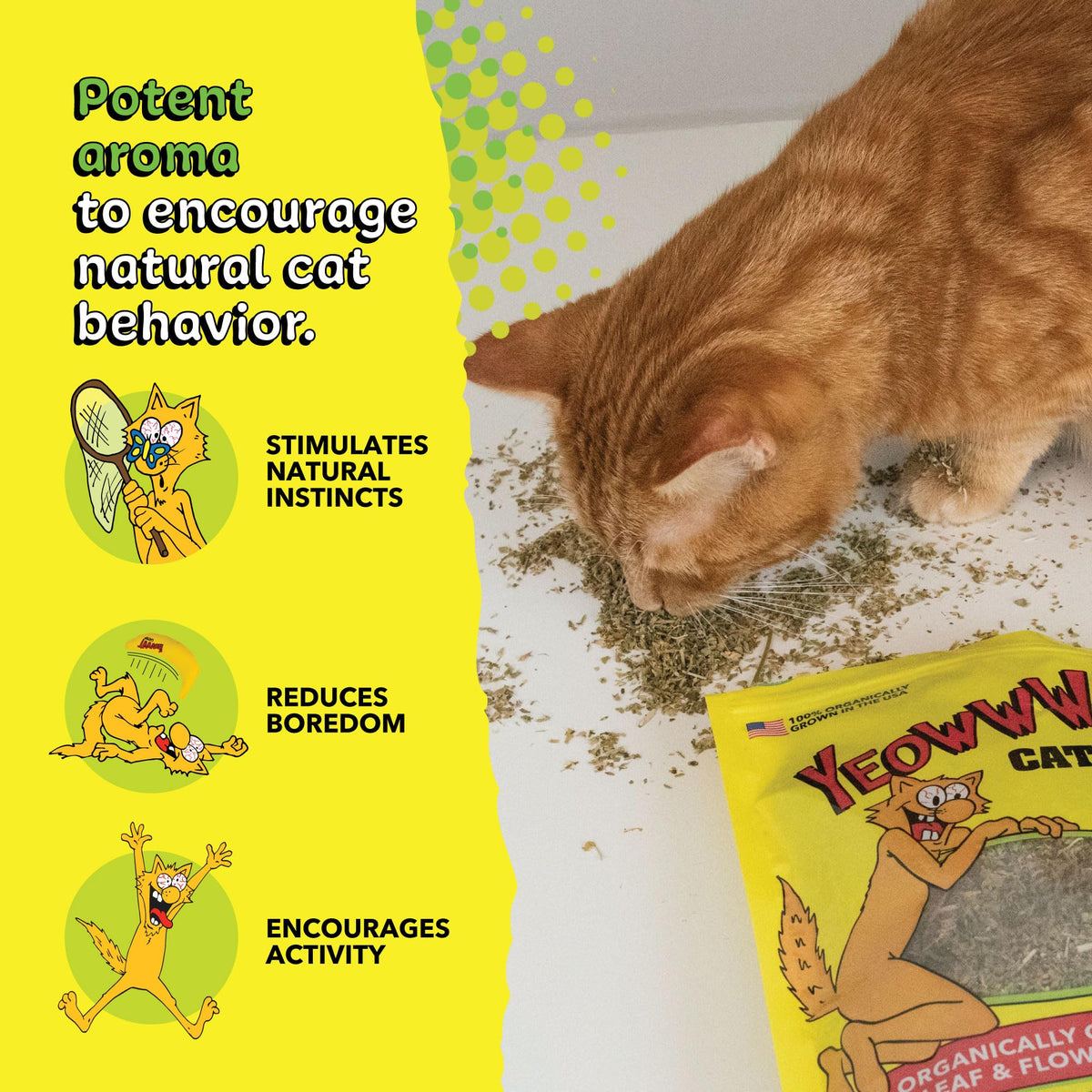 Yeowww! Organic Catnip for Cats in high-quality packaging, promoting natural instincts and activity. Available at Curat Cart.