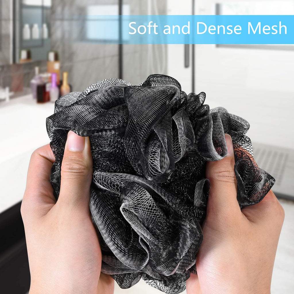 Soft and dense black mesh loofah sponge, ideal for gentle exfoliation, imported for premium quality.