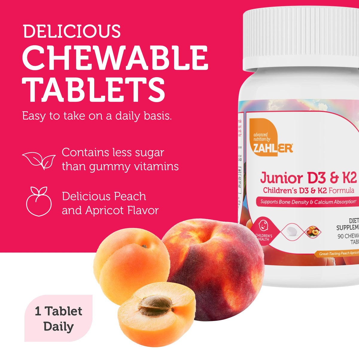 Delicious chewable Zahler Junior D3 K2 tablets, perfect for daily use, supporting bone density and calcium absorption. Available at Curat Cart.