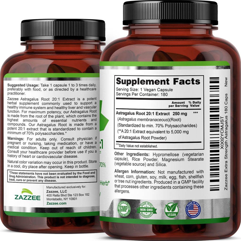 Zazzee Astragalus Root Extract in high-quality, official packaging, featuring vegan capsules. Available at Curat Cart.