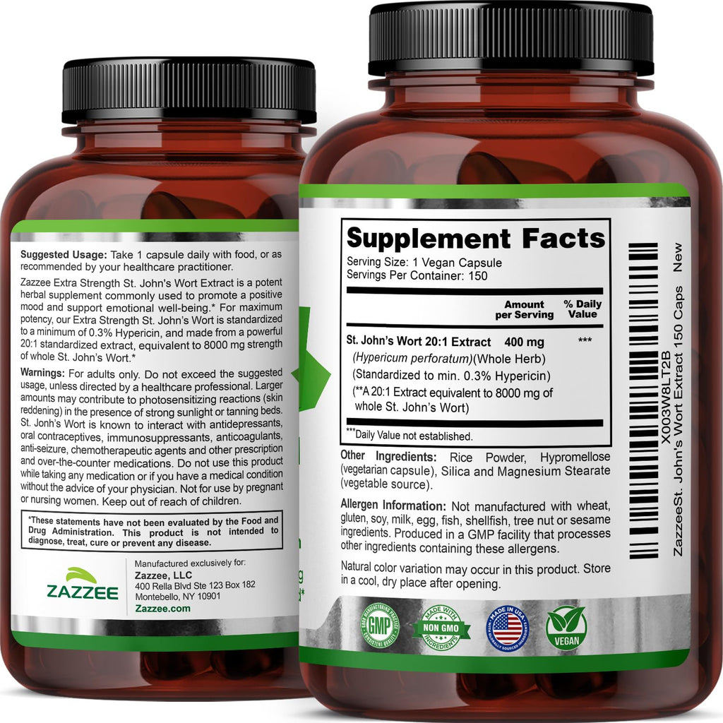 Zazzee St. John's Wort Extract in high-quality official packaging, featuring detailed supplement facts for optimal health. Available at Curat Cart.