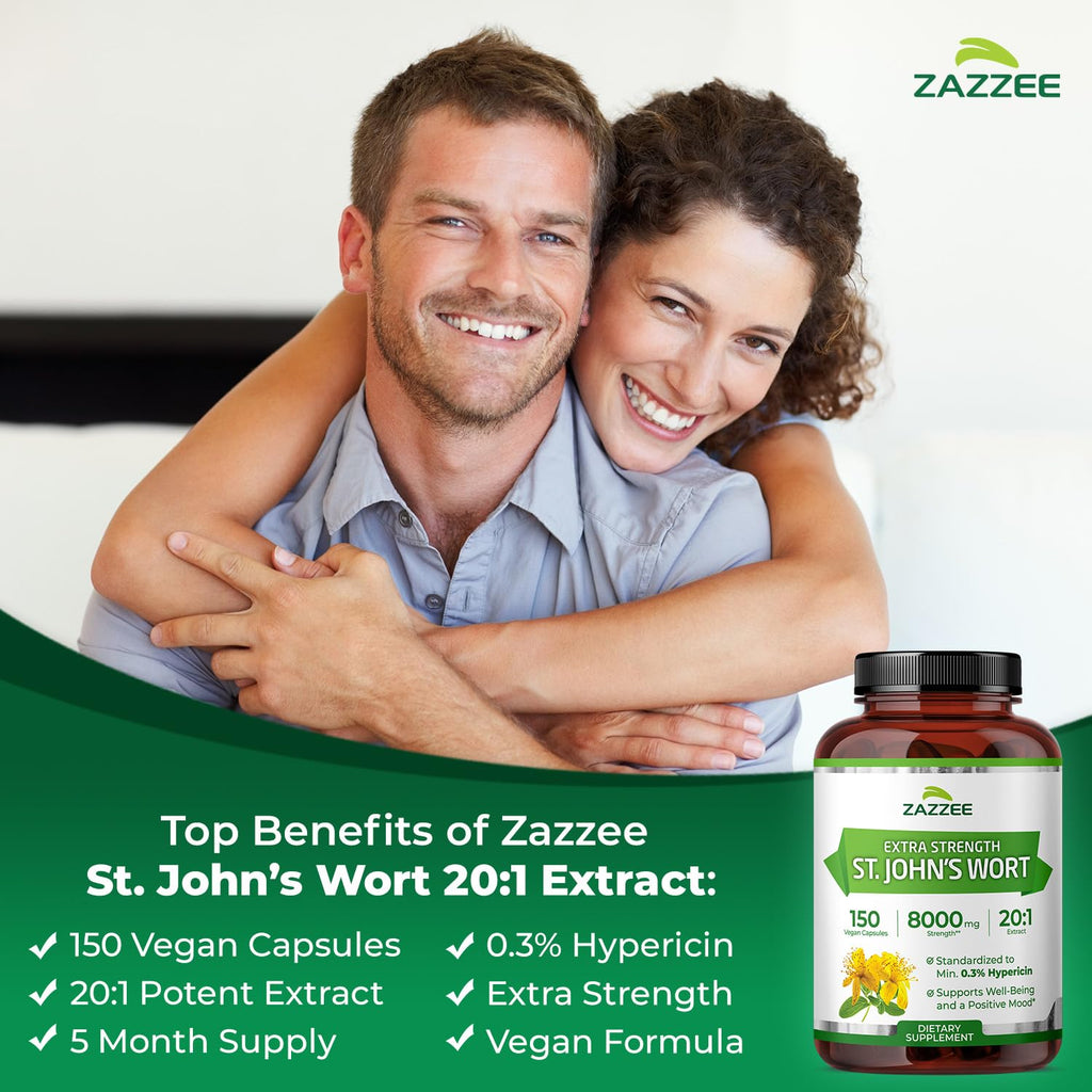 Zazzee St. John’s Wort Extract in official packaging offers 150 vegan capsules, ensuring extra strength and a 5-month supply. Available at Curat Cart.
